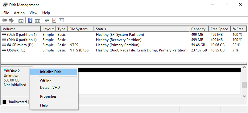 Microsoft-screenshot van Schijfbeheer met een schijf die Not Initialized en Unallocated toont